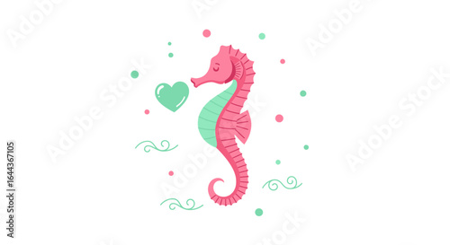 Cute pink seahorse with a heart surrounded by bubbles creating an underwater scene full of love