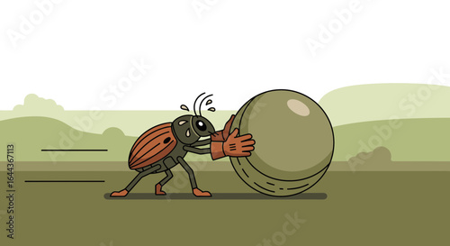 Determined beetle pushes a giant ball uphill a symbol of perseverance and challenge