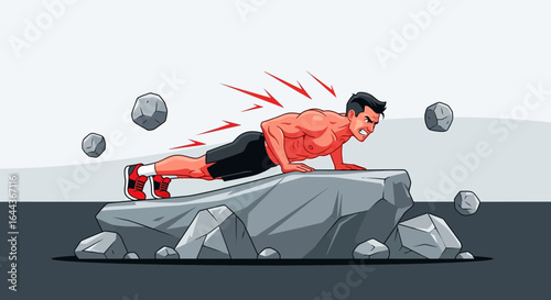 Determined Athlete Doing Pushups on Rock Pushing Physical Limits and Strong