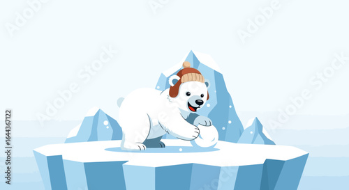 Cute polar bear making a snowball on a glacier with snowy mountain background landscape illustration scene winter time funny animal concept