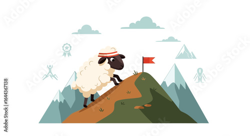 Determined sheep conquering the mountain: A playful illustration of ambition and success
