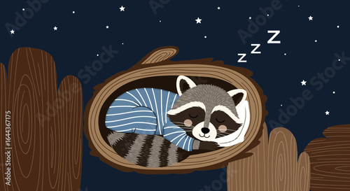 Cute raccoon illustration peacefully sleeping in tree hollow among stars in the night sky