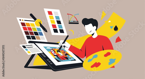 Digital artist creating illustration on a tablet with color palettes and tools around