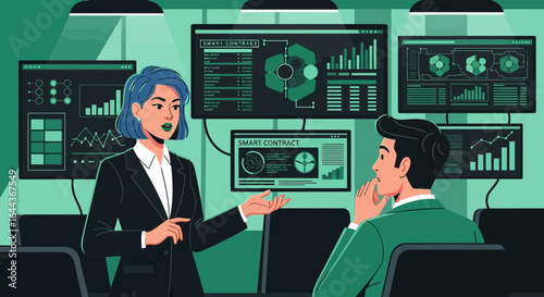 Discussing smart contracts and data analysis in a modern office setting environment