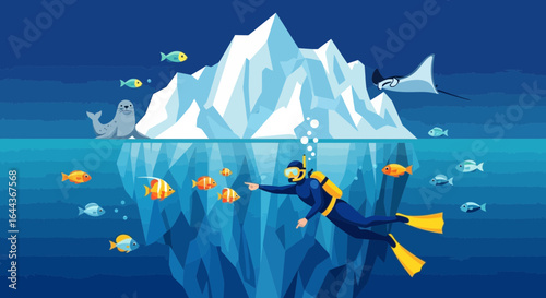 Diver exploring the underwater iceberg ecosystem with diverse marine life and vibrant coral reefs with the seal