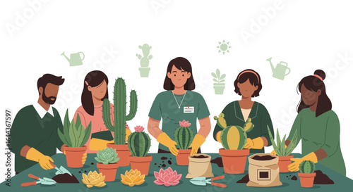 Diverse group enjoys planting succulents and cacti together in a bright and cheerful horticultural setting indoors