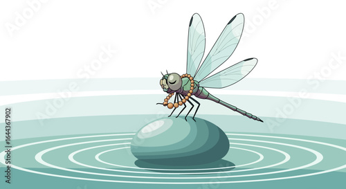 Dragonfly adorned with a necklace resting gracefully on a smooth stone in a serene pond reflected by calming circles