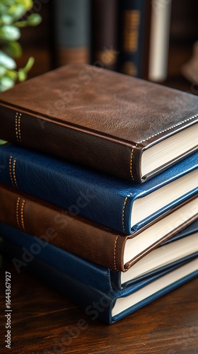 Stack of leather-bound books, dark brown and navy blue covers, resting on a wooden surface