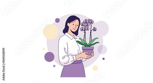 Elegant woman holding a potted orchid plant in a serene pastel setting concept