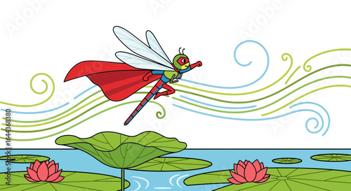 Dragonfly Superhero soaring over the water lilies in a whimsical cartoon design