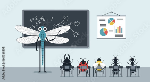 Dragonfly teacher instructing insects in a classroom with chalkboard and charts for education