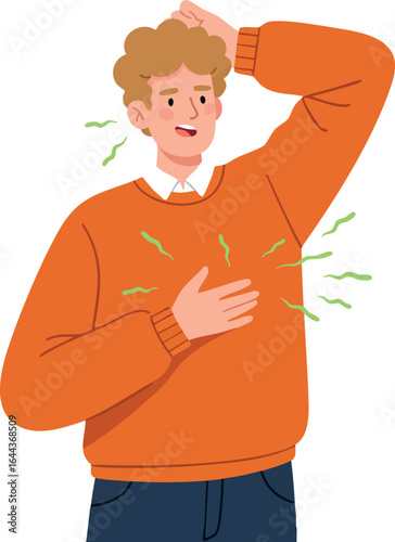 Young man feeling discomfort and sweating in orange sweater vector illustration 