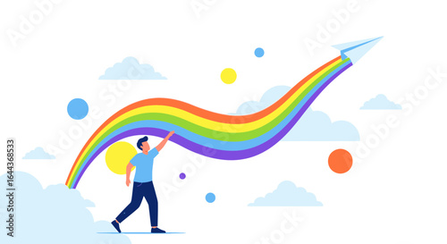 Dreamer launching a paper airplane on a rainbow bridge to new heights and success