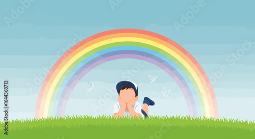 Dreamy boy under rainbow lying on grass, fostering imagination and positivity in childhood, concept for creative content
