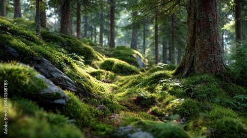 Enchanted Forest Floor: Mossy Rocks and Sunlight Dappled in a Lush Green Woodland