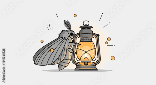 Enchanting moth illustration with a glowing vintage lantern casting soft light creating a whimsical atmosphere showcasing the beauty of nature