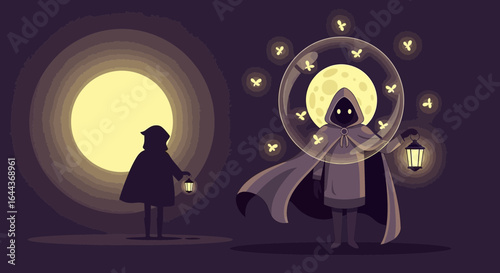 Enchanting moonlit journey with hooded figures and glowing fireflies illustration