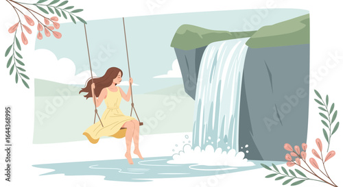 Dreamy escape woman on swing near waterfall illustration calm nature scene