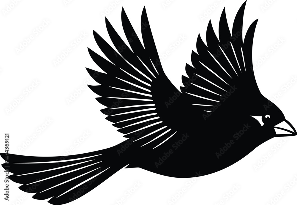 Fototapeta premium Black silhouette of a bird in flight with detailed wings and tail