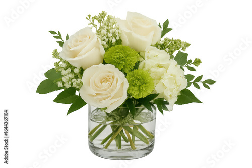 White roses and green flowers creating stunning floral arrangement in glass vase with transparent background