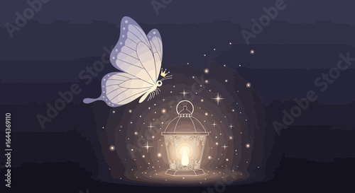 Enchanting vector illustration of a butterfly with a crown flying towards a glowing lantern amidst twinkling stars creating a magical atmosphere