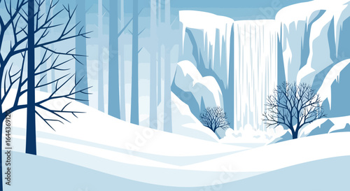 Enchanting Winter Landscape With Waterfall And Bare Trees Vector Illustration