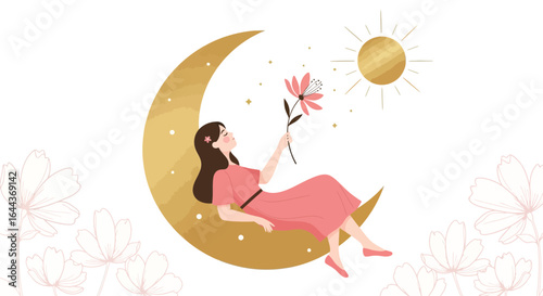 Dreamy girl relaxing on the moon illustration with flower and sun illustration