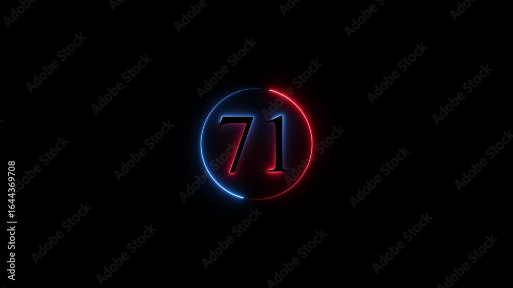 Number 71 neon sign style flashing. Abstract glowing neon text 71 number countdown icon animation on black background. Glowing neon number 71. Educational mathematics 71 animation circle . Number 71 neon sign style flashing. Abstract glowing neon text 71 number countdown icon animation on black background. Glowing neon number 71. Educational mathematics 71 animation circle .