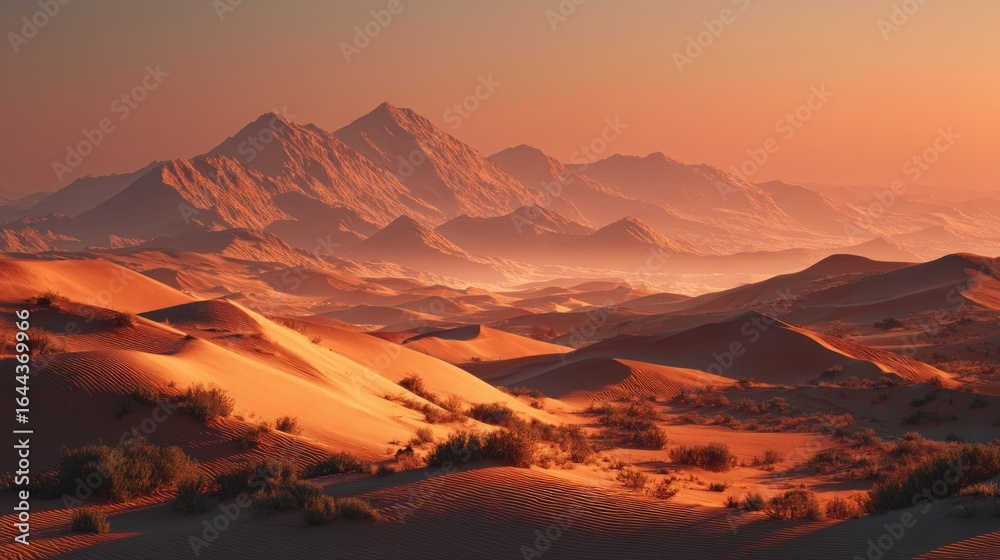Naklejka premium Golden Hour Desert Landscape: Majestic Mountains and Rolling Sands