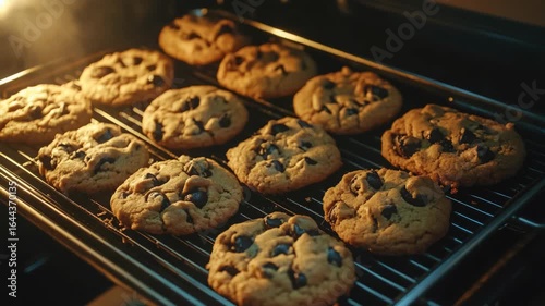 Fresh chocolate chip cookies coming out of the oven, baked to perfection with a golden crust and gooey center.