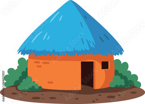Round hut with blue thatched roof and orange walls surrounded by green bushes vector illustration 