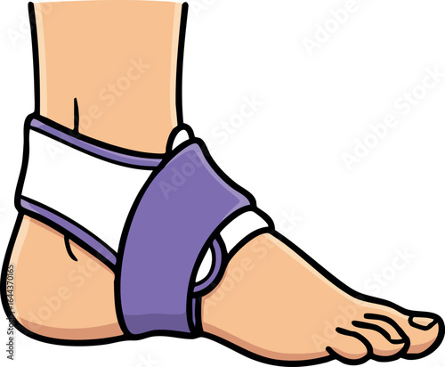 Foot with purple ankle brace for injury support vector illustration medical aid 