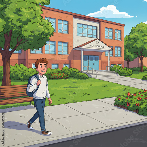 High School Male Student Walking to School — Character Illustration PNG & Background Scene