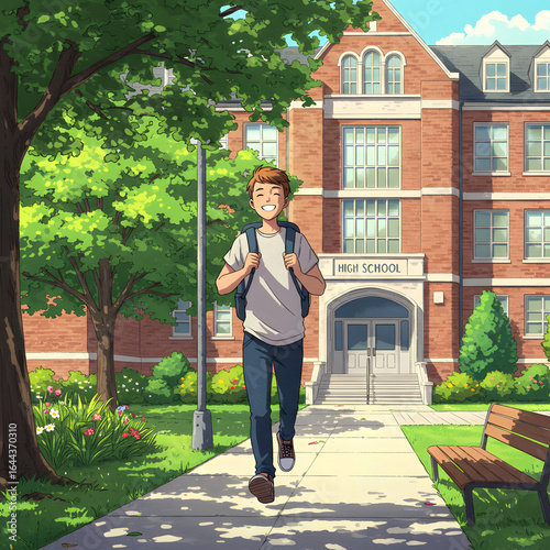 High School Male Student Walking to School — Character Illustration PNG & Background Scene