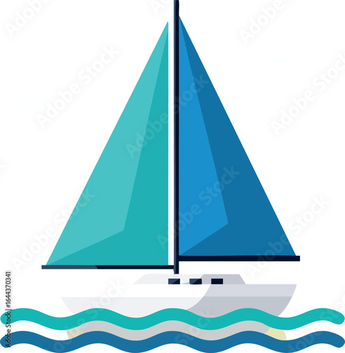 Sailboat with Blue and Turquoise Sails Floating on Water Vector Illustration