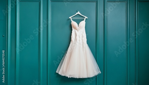 elegant wedding dress hanging on teal wall