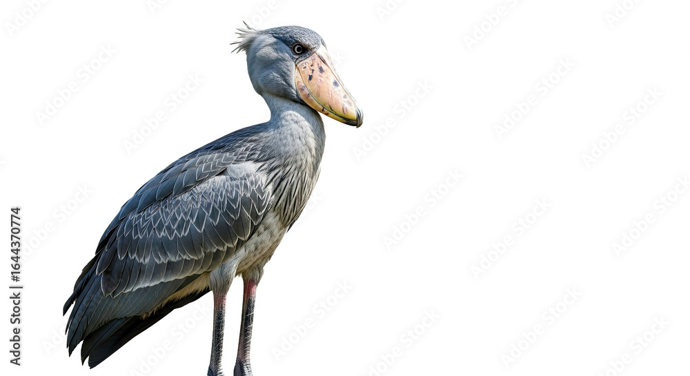 Fototapeta premium A shoebill stork standing tall with its distinctive beak and gray feathers against a dark background