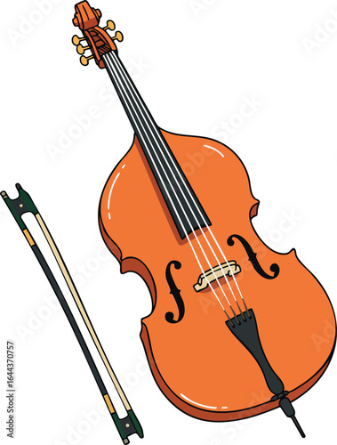 Double bass musical instrument with bow vector illustration in orange and black colors