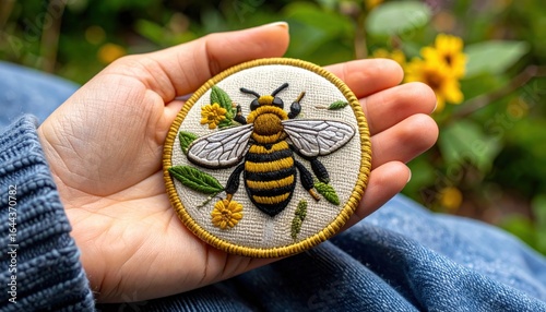 Handheld Embroidered Bee Patch With Floral Detail