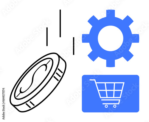 Falling coin, blue gear, and shopping cart icon representing e-commerce, payment, automation, online shopping, business operations, financial efficiency and technology integration. Ideal
