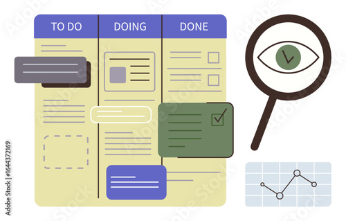 Kanban-style task board with To Do, Doing, Done columns, magnifying glass highlighting progress, analytics chart. Ideal for workflow planning, productivity, project management, task organization