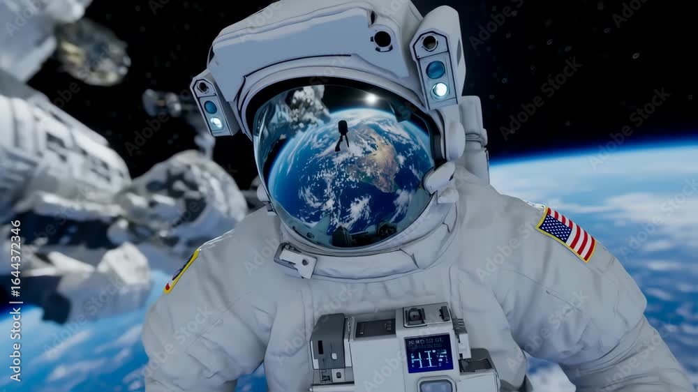 Astronaut in spacesuit, Earth reflected in helmet, space station in background