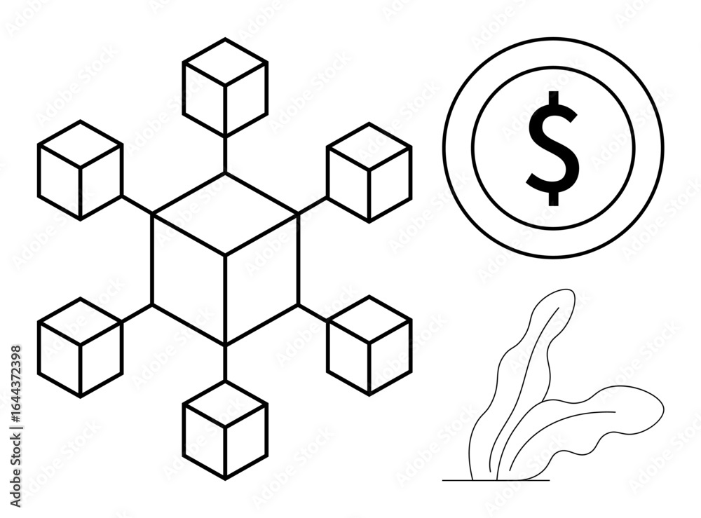 Obraz premium Abstract blockchain network of interconnected cubes, dollar coin for financial concept, and decorative plant. Ideal for blockchain, finance, digital currency, technology, innovation, growth