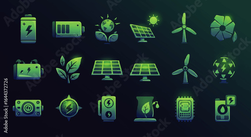 A set of stylized green energy icons with a glowing, modern illustrative design.