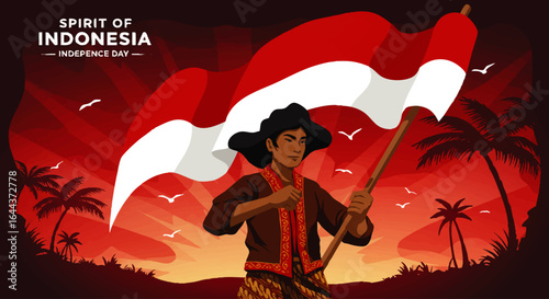 A proud Indonesian man in traditional clothing, wearing a black hat and batik sarong, holding the large red and white national flag.