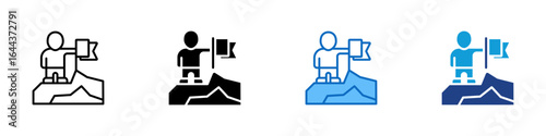 Achievement Multi Style Icon Sheet Vector Design - person on top of a mountain with a flag, representing success, leadership, and achievement