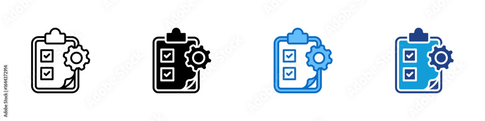 Task Setting Multi Style Icon Sheet Vector Design - clipboard with checklist and gear, representing task planning and process execution Task Setting Multi Style Icon Sheet Vector Design - clipboard with checklist and gear, representing task planning and process execution