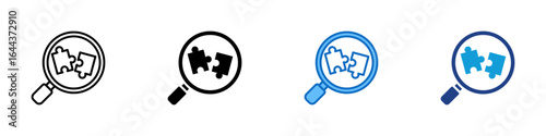 Solution Finder Multi Style Icon Sheet Vector Design - Magnifying glass over puzzle pieces, representing problem solving and solution analysis