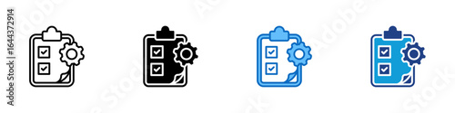Task Setting Multi Style Icon Sheet Vector Design - clipboard with checklist and gear, representing task planning and process execution