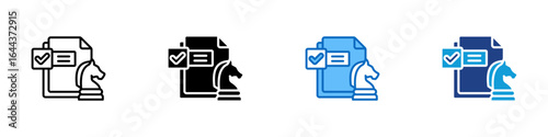 Strategy Plan Multi Style Icon Sheet Vector Design - Documents with a chess knight and checklist, symbolizing strategic planning and business decisions